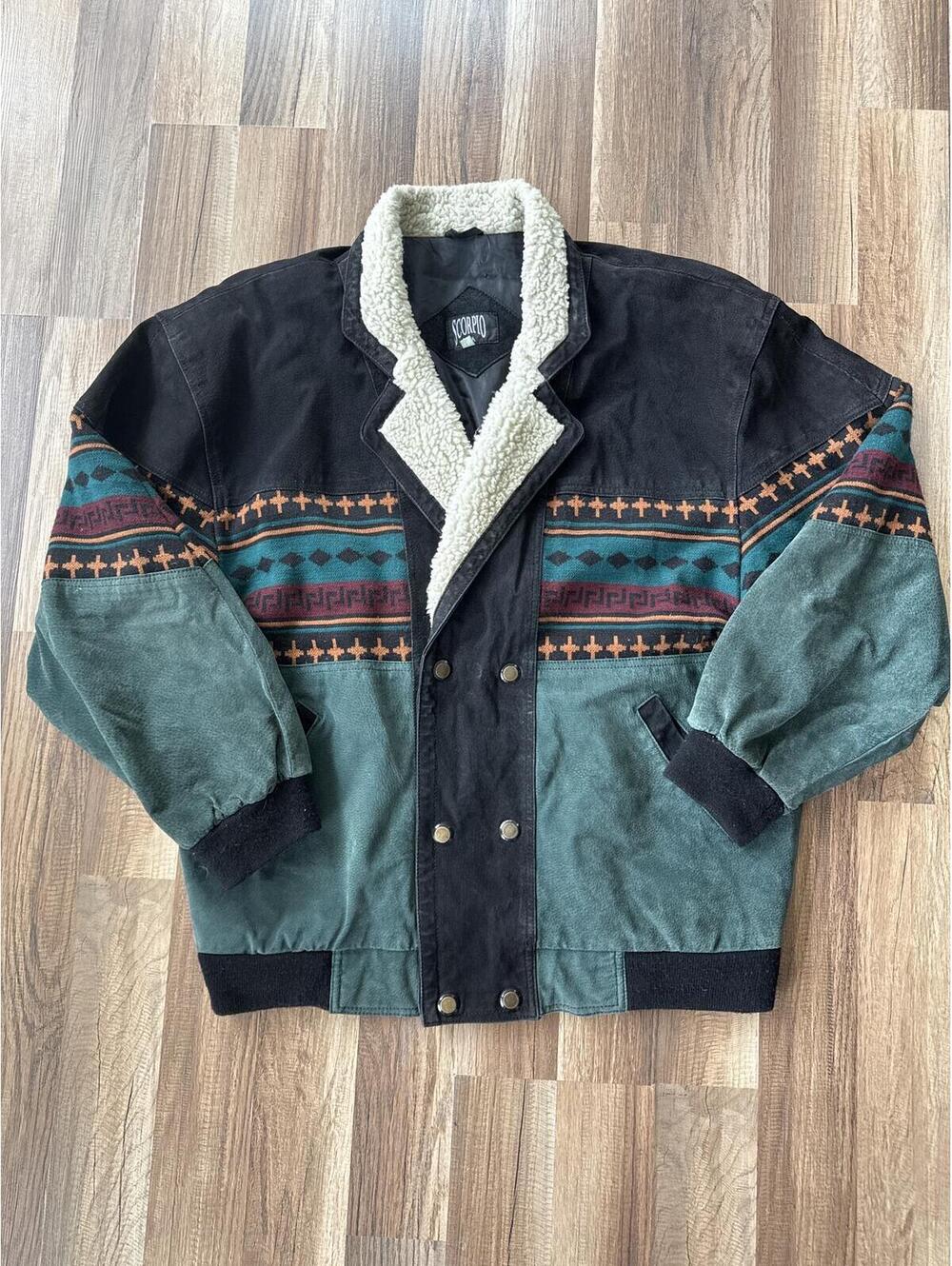 Vintage Scorpio Southwestern Suede Bomber Jacket Sherpa Lined